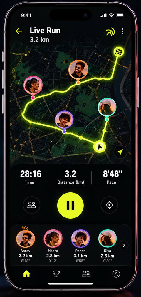 Squirrel Social app: a live run with friends on the map — 28:16, 3.2 km, 8'48" pace